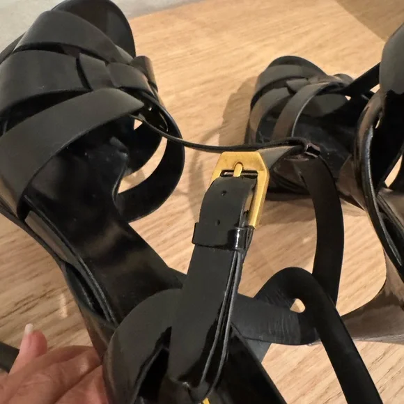 Saint Laurent Black Patent T-Strap Heels with Gold Logo - Picture 11 of 16